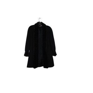 VTG 60's Alorna Black Wool Blend Lined Coat Faux Fur Trim SZ M Union Made in USA